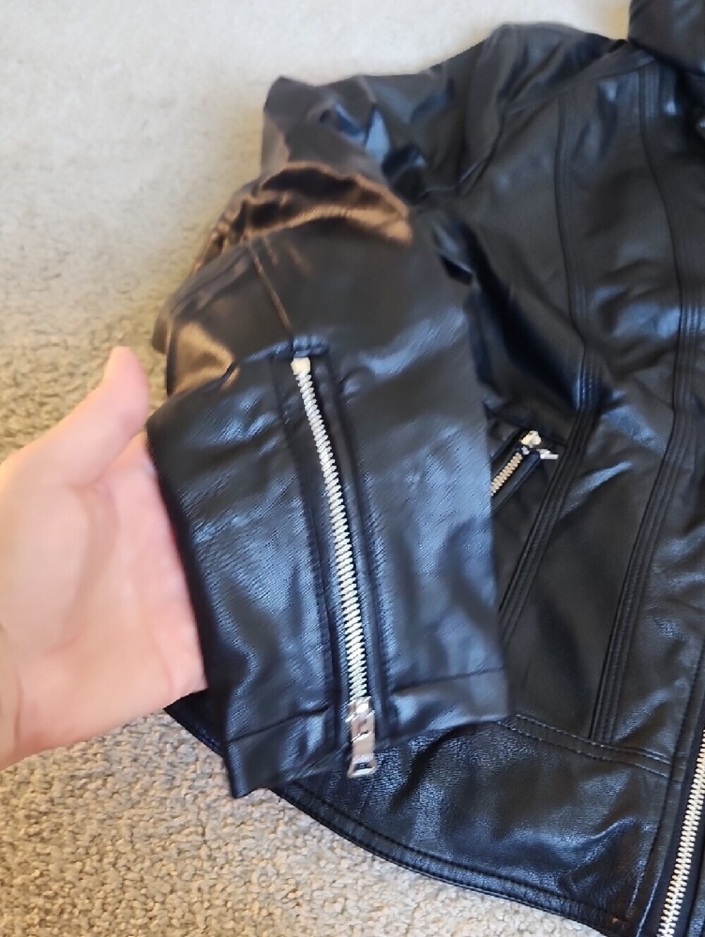 Guess Black Faux Leather Hooded Jacket with Quilted Panels - Picture 8 of 13